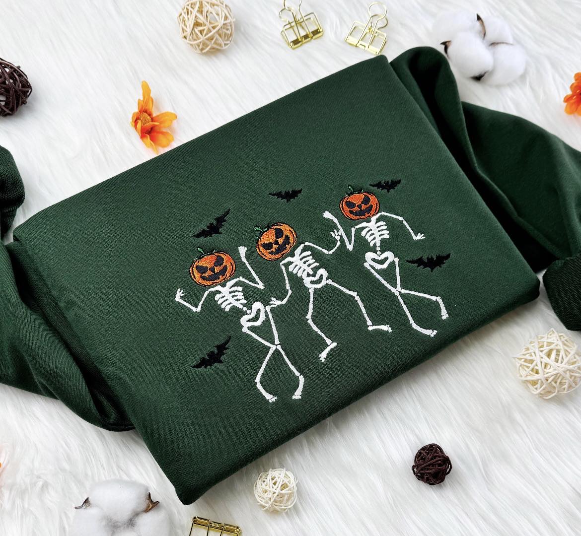 Halloween Dancing Pumpkin Skeleton embroidered Sweatshirt