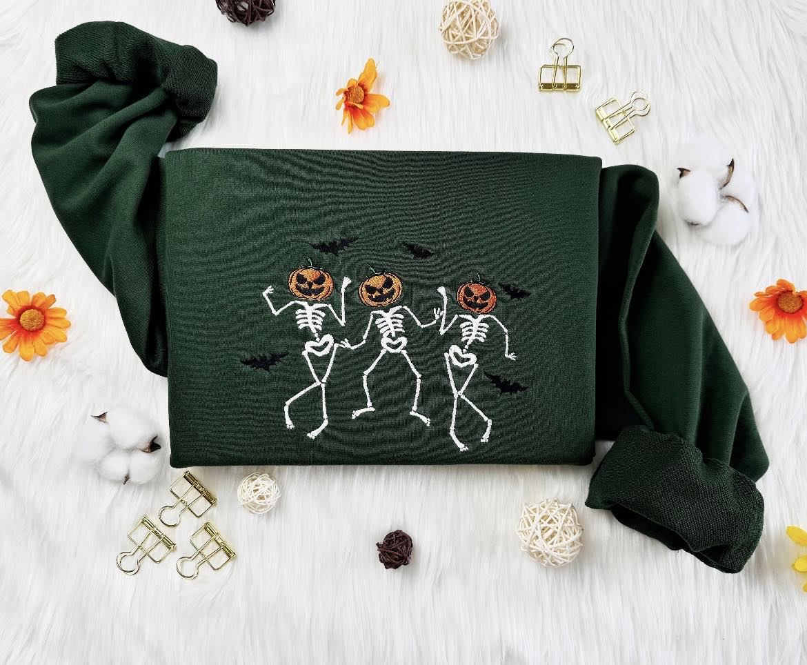 Halloween Dancing Pumpkin Skeleton embroidered Sweatshirt